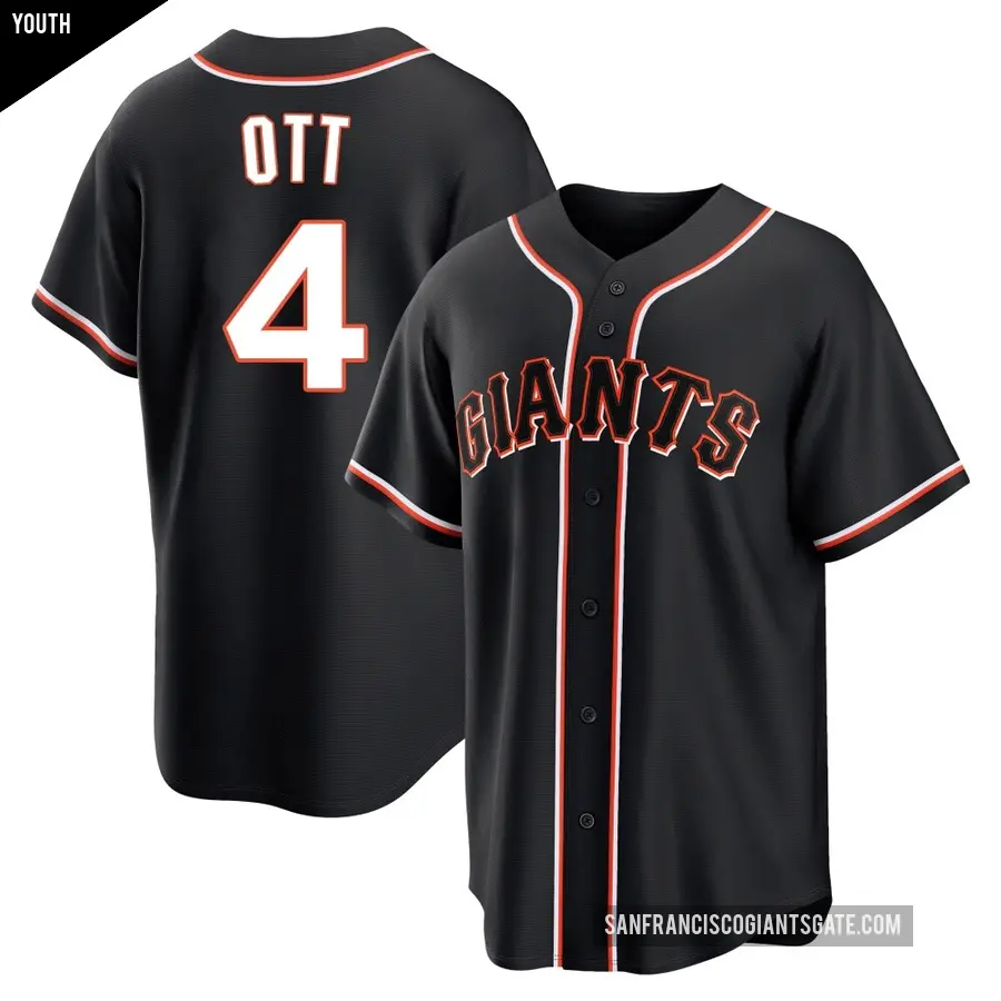 Youth San Francisco Giants ＃4 Mel Ott Replica Black Fashion Out Jersey